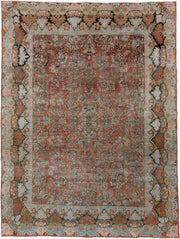8' x 11' one-of-a-kind handmade antique Sarouk large size rug. Color palette: terracotta, powder blue, ivory, rust, charcoal
