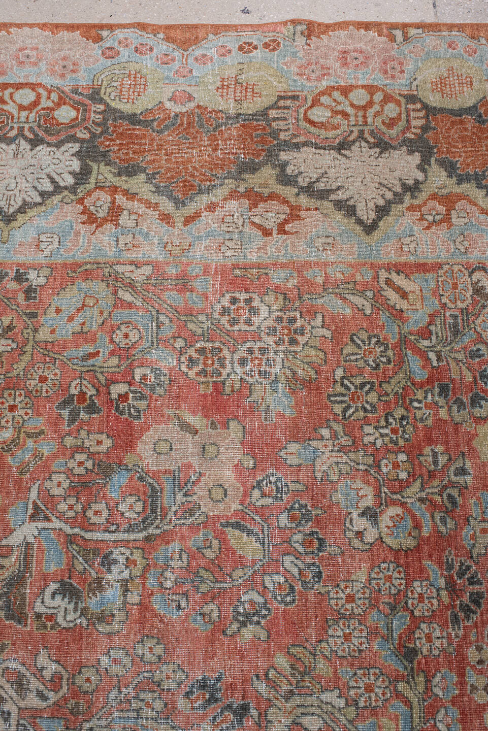 8' x 11' one-of-a-kind handmade antique Sarouk large size rug. Color palette: terracotta, powder blue, ivory, rust, charcoal
