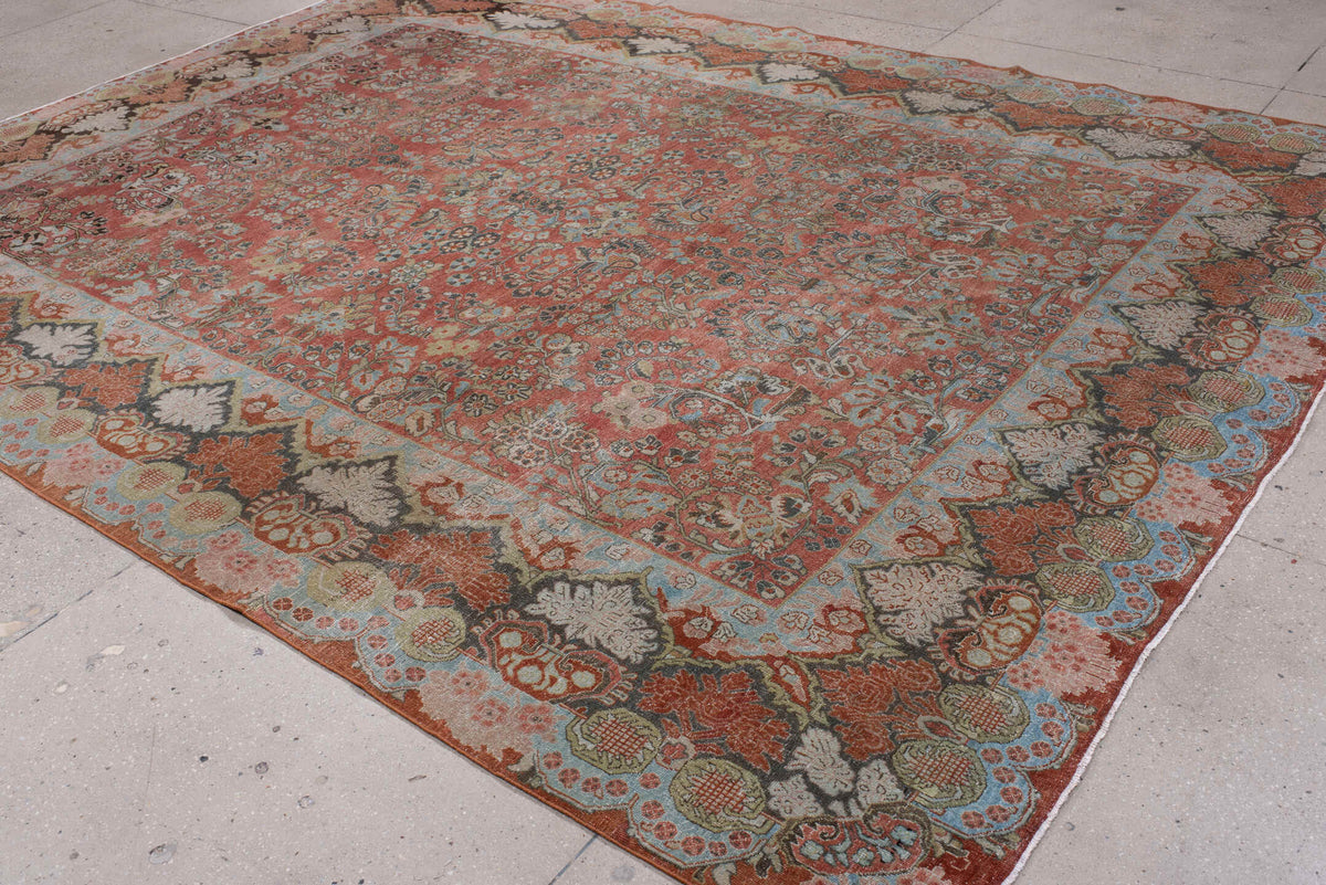 8' x 11' one-of-a-kind handmade antique Sarouk large size rug. Color palette: terracotta, powder blue, ivory, rust, charcoal