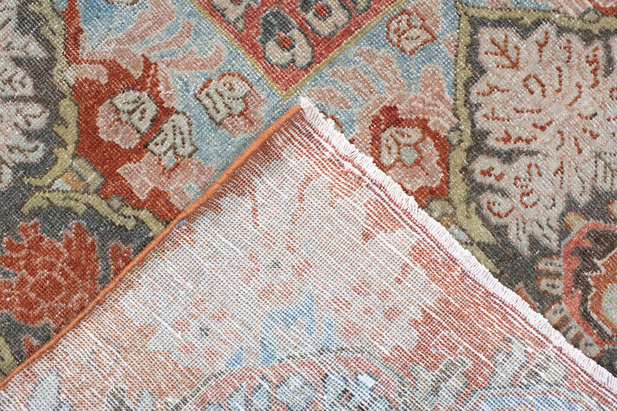 8' x 11' one-of-a-kind handmade antique Sarouk large size rug. Color palette: terracotta, powder blue, ivory, rust, charcoal