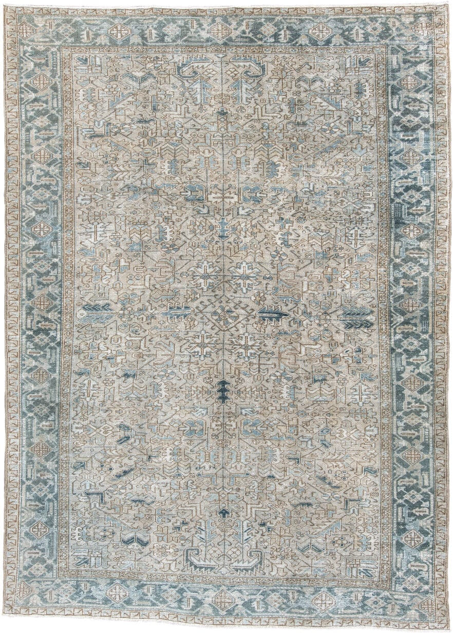 8' x 11' one-of-a-kind handmade antique Heriz large size rug. Color palette: ivory, slate blue, taupe, blue gray, camel
