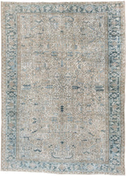 8' x 11' one-of-a-kind handmade antique Heriz large size rug. Color palette: ivory, slate blue, taupe, blue gray, camel