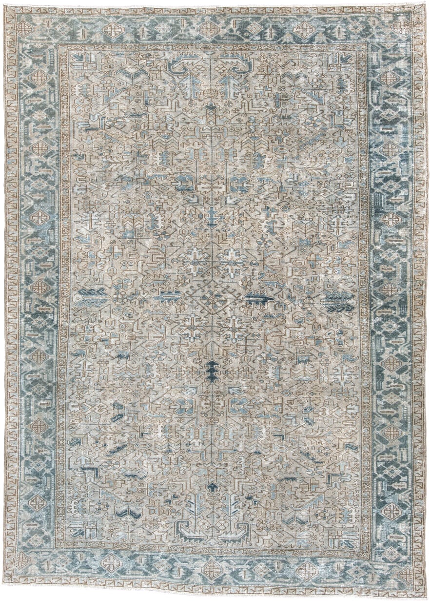 8' x 11' one-of-a-kind handmade antique Heriz large size rug. Color palette: ivory, slate blue, taupe, blue gray, camel