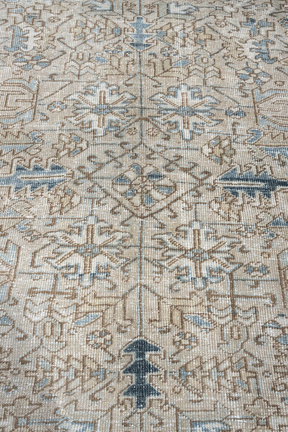 8' x 11' one-of-a-kind handmade antique Heriz large size rug. Color palette: ivory, slate blue, taupe, blue gray, camel