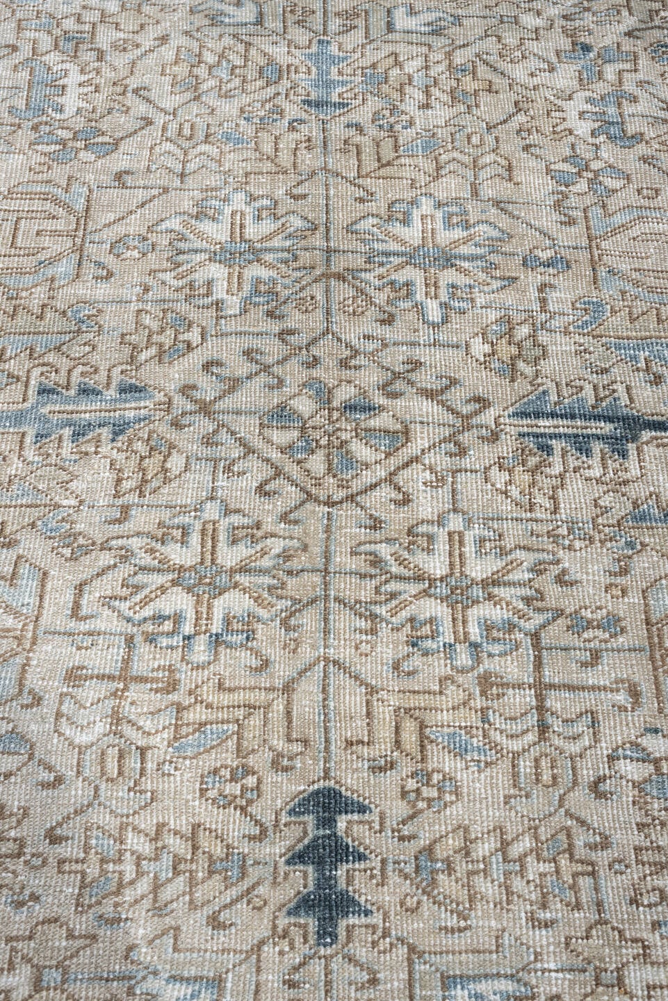 8' x 11' one-of-a-kind handmade antique Heriz large size rug. Color palette: ivory, slate blue, taupe, blue gray, camel