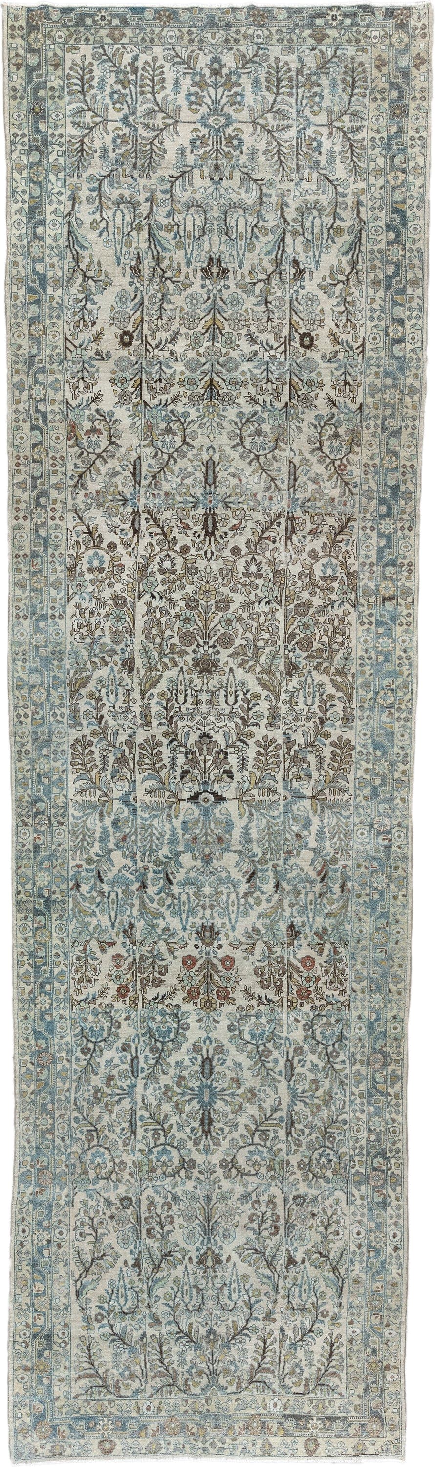 5' x 19' one-of-a-kind handmade antique Lilian rug. Color palette: ivory, powder blue, sage, taupe, brown, soft rust