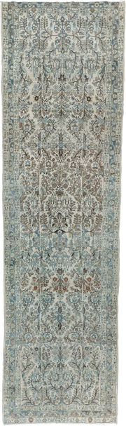 5' x 19' one-of-a-kind handmade antique Lilian rug. Color palette: ivory, powder blue, sage, taupe, brown, soft rust