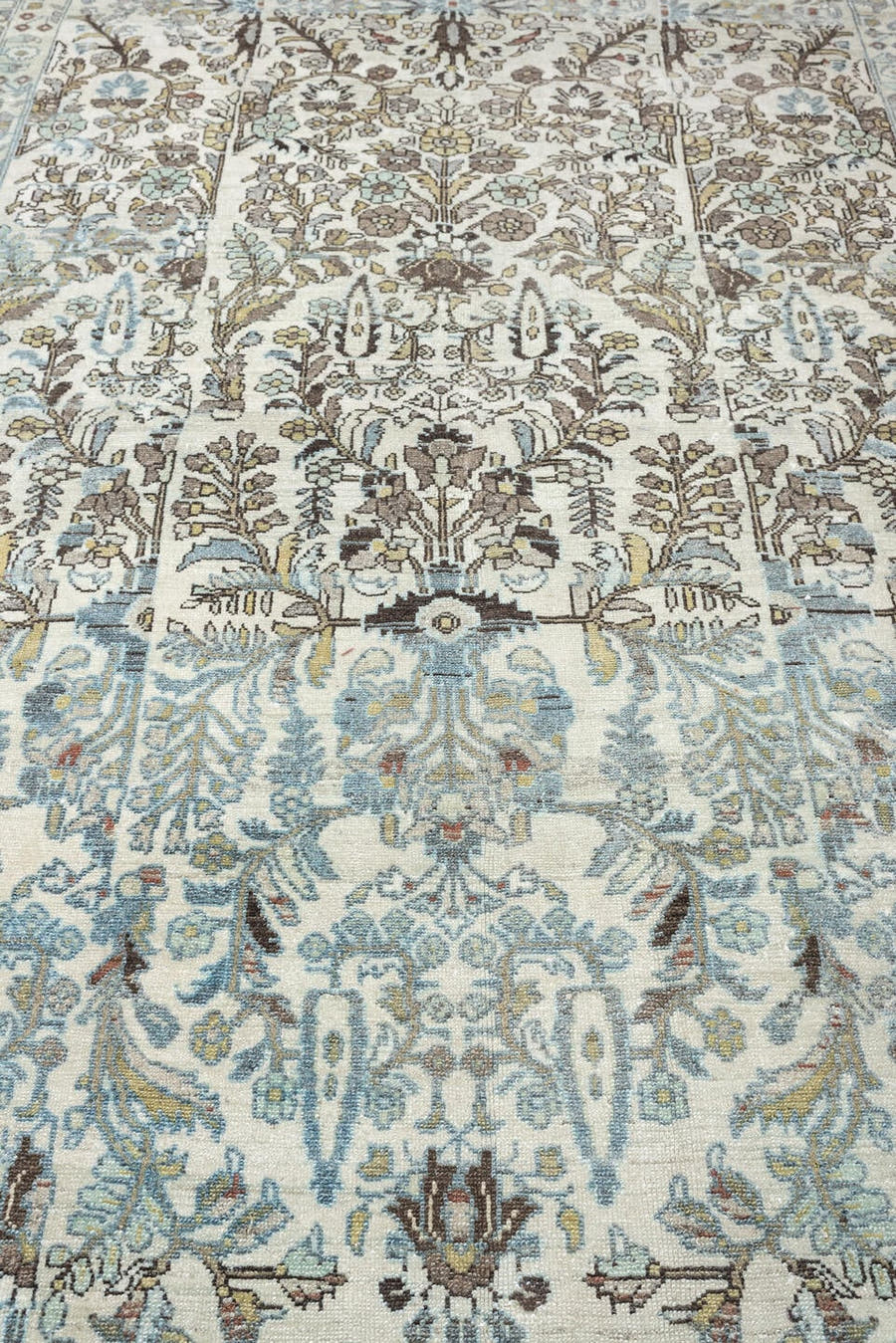 5' x 19' one-of-a-kind handmade antique Lilian rug. Color palette: ivory, powder blue, sage, taupe, brown, soft rust