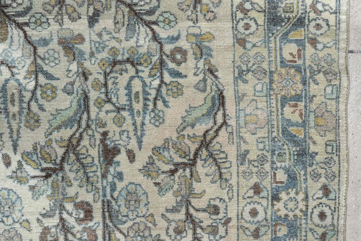 5' x 19' one-of-a-kind handmade antique Lilian rug. Color palette: ivory, powder blue, sage, taupe, brown, soft rust