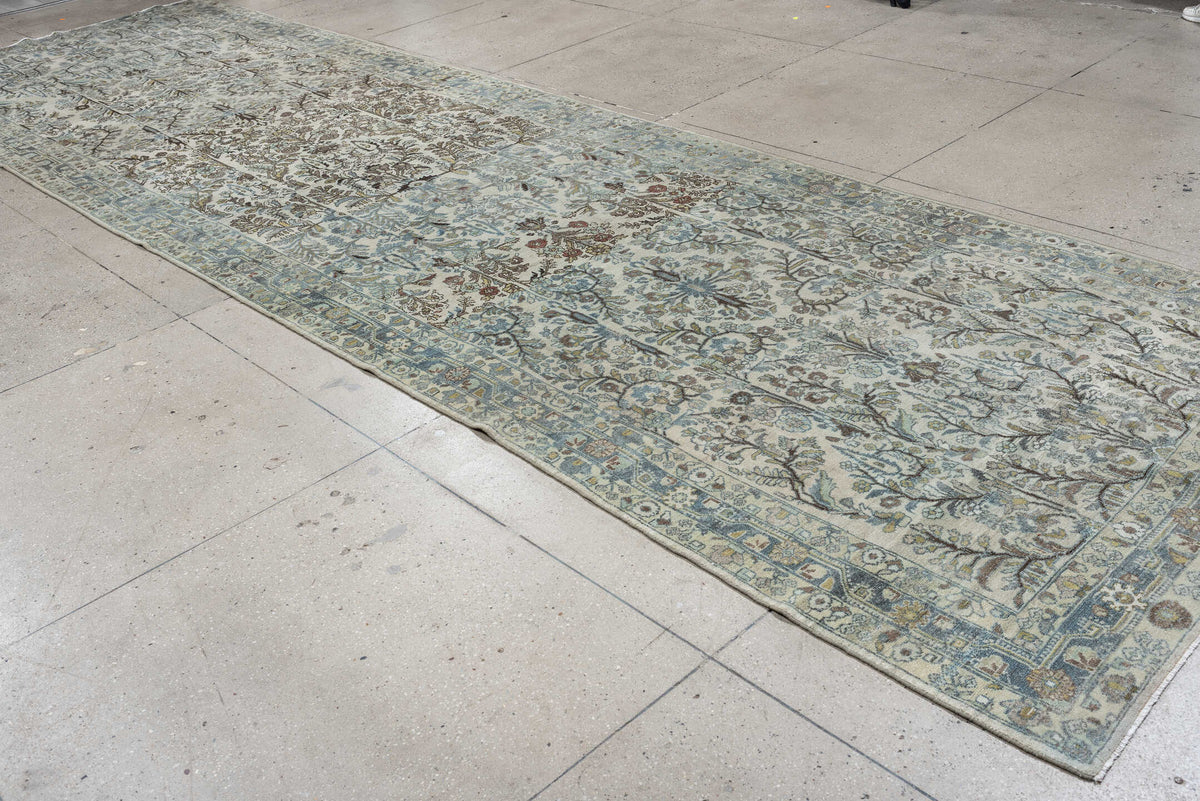 5' x 19' one-of-a-kind handmade antique Lilian rug. Color palette: ivory, powder blue, sage, taupe, brown, soft rust