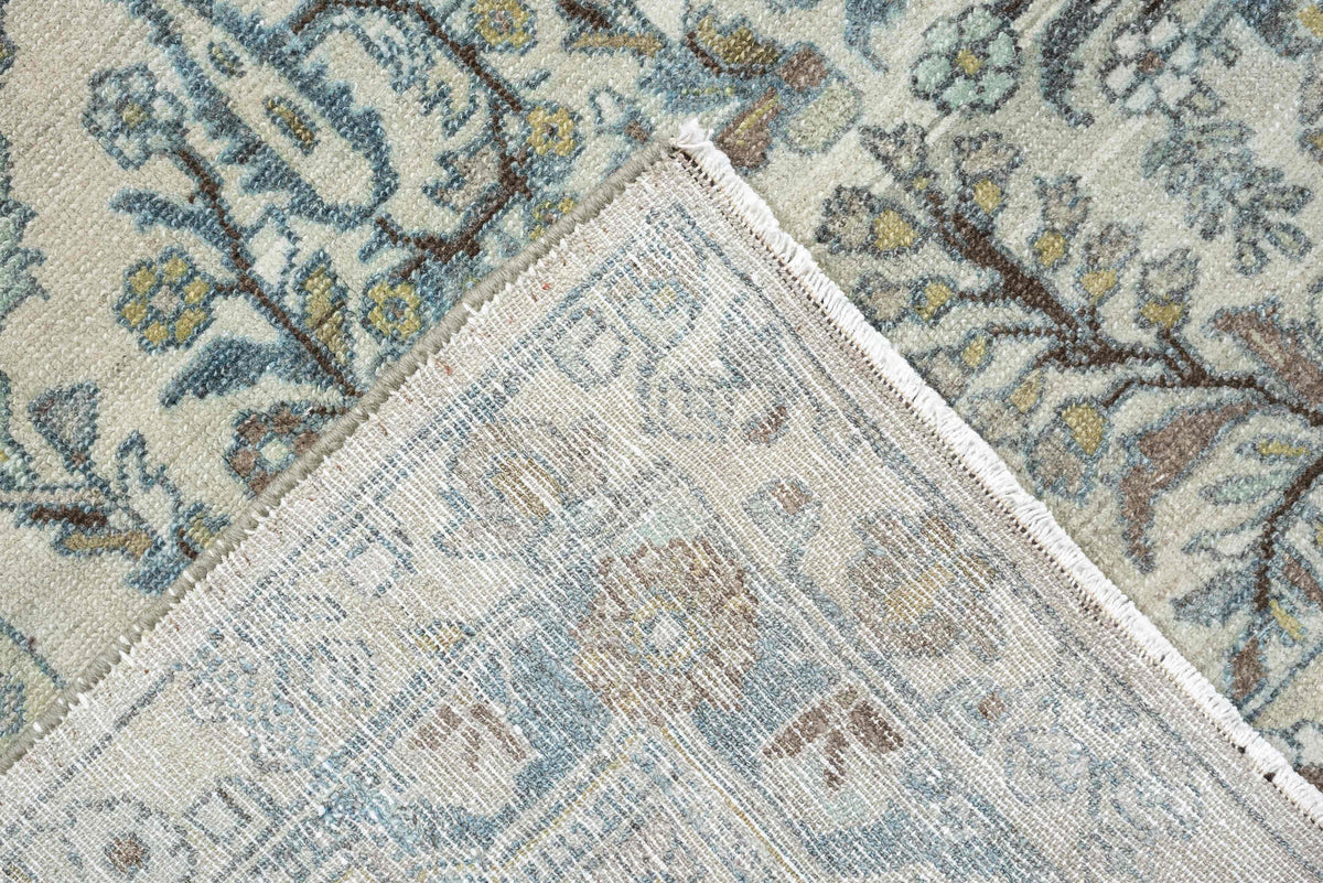 5' x 19' one-of-a-kind handmade antique Lilian rug. Color palette: ivory, powder blue, sage, taupe, brown, soft rust