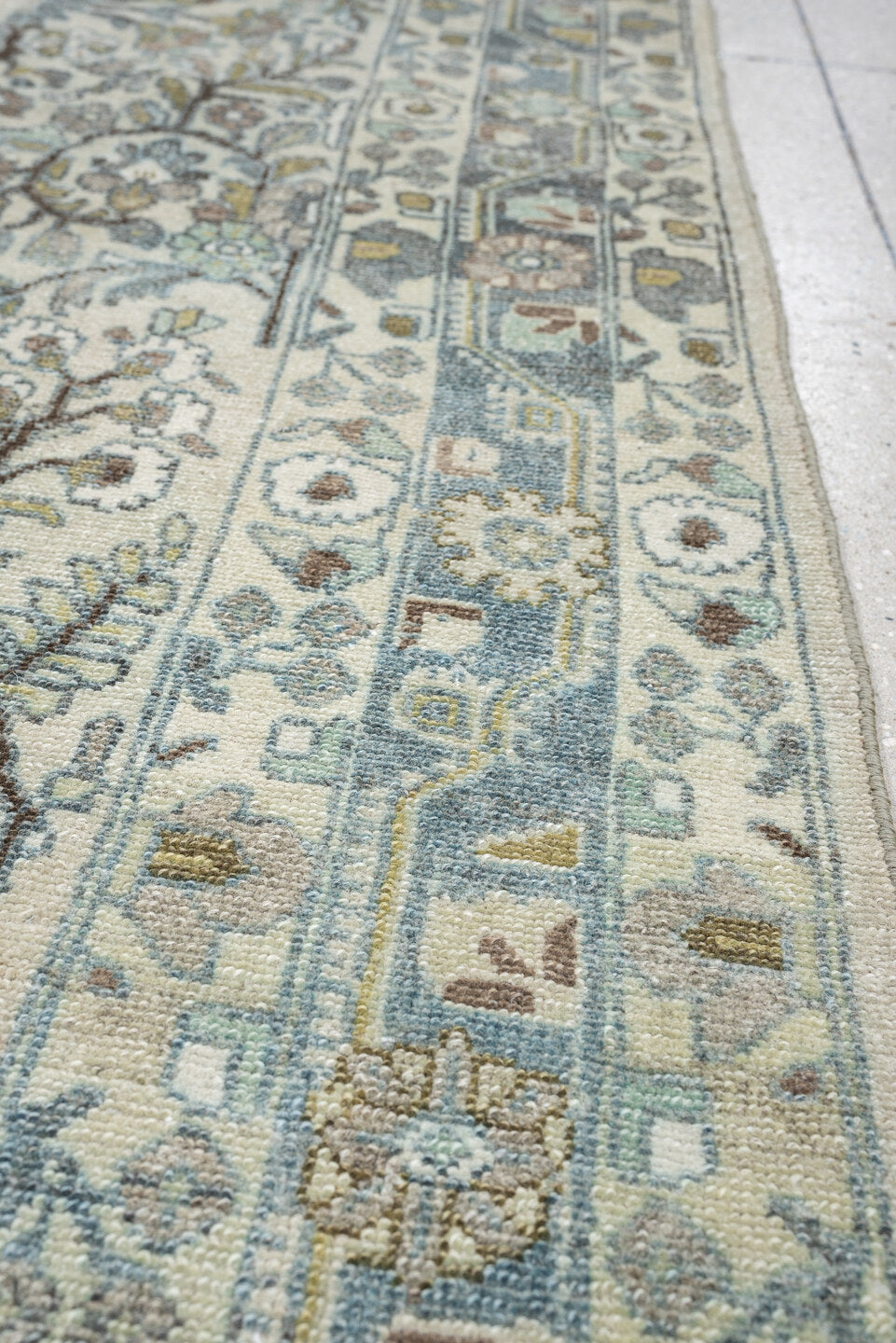5' x 19' one-of-a-kind handmade antique Lilian rug. Color palette: ivory, powder blue, sage, taupe, brown, soft rust