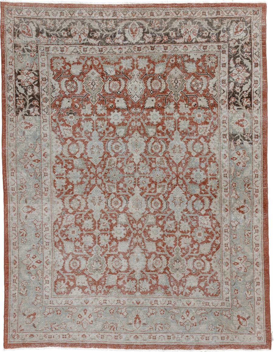 6' x 8' one-of-a-kind handmade antique Mahal medium size rug. Color palette: terracotta, ivory, pale blue gray, rust