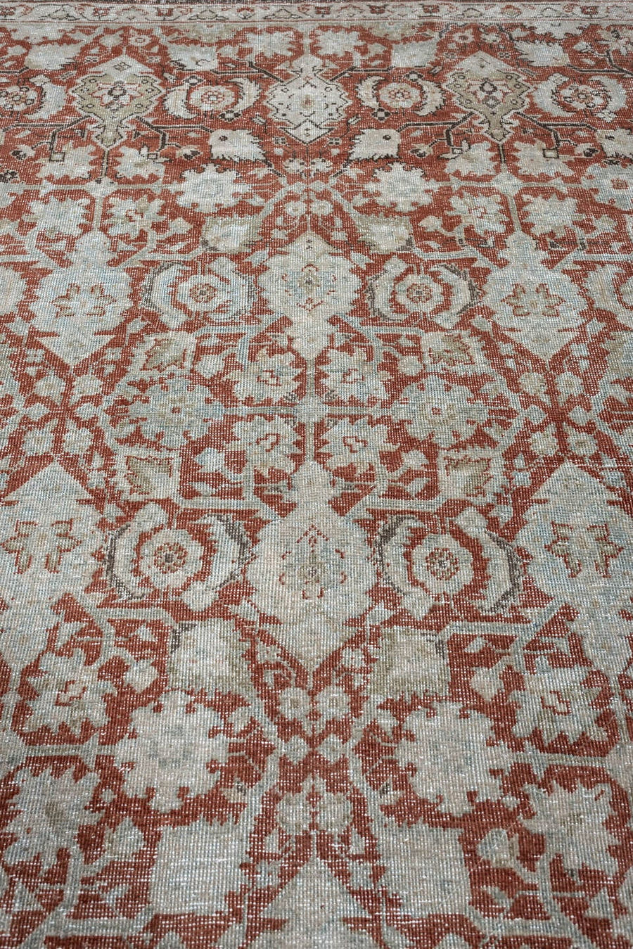 6' x 8' one-of-a-kind handmade antique Mahal medium size rug. Color palette: terracotta, ivory, pale blue gray, rust