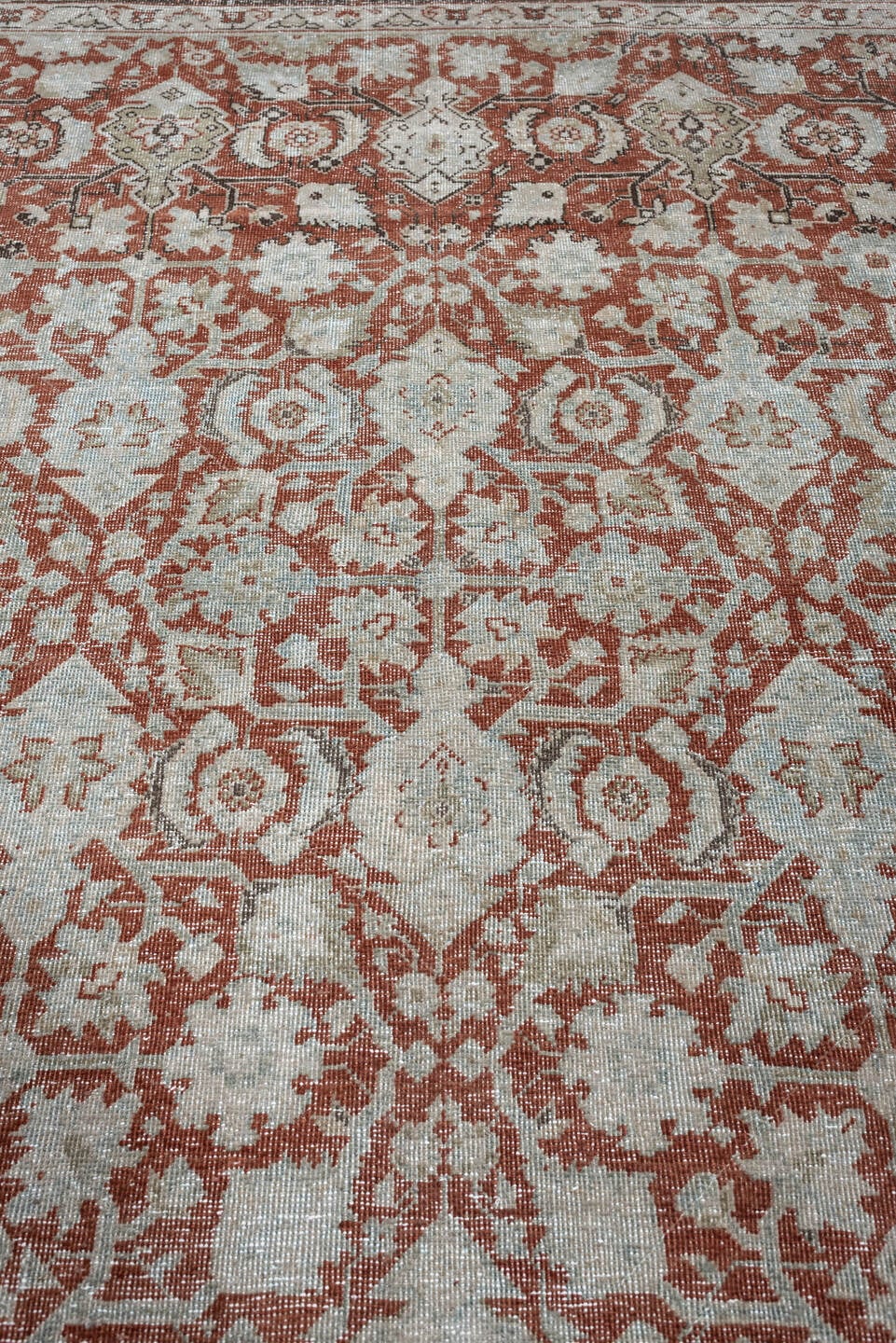 6' x 8' one-of-a-kind handmade antique Mahal medium size rug. Color palette: terracotta, ivory, pale blue gray, rust