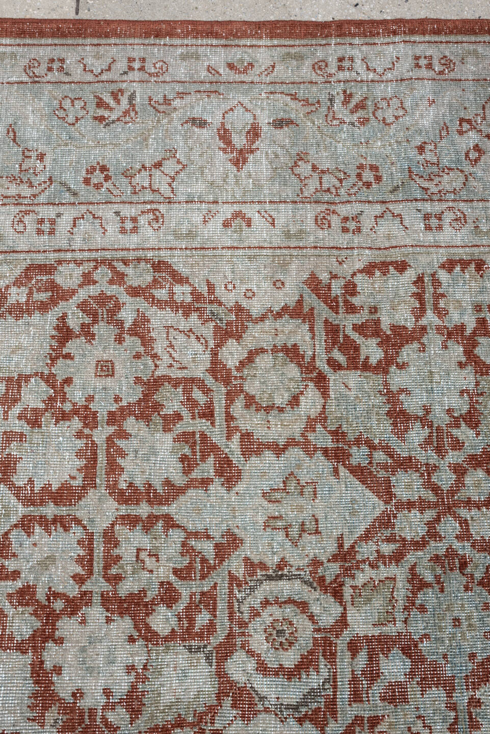 6' x 8' one-of-a-kind handmade antique Mahal medium size rug. Color palette: terracotta, ivory, pale blue gray, rust