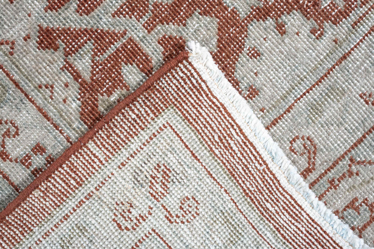 6' x 8' one-of-a-kind handmade antique Mahal medium size rug. Color palette: terracotta, ivory, pale blue gray, rust
