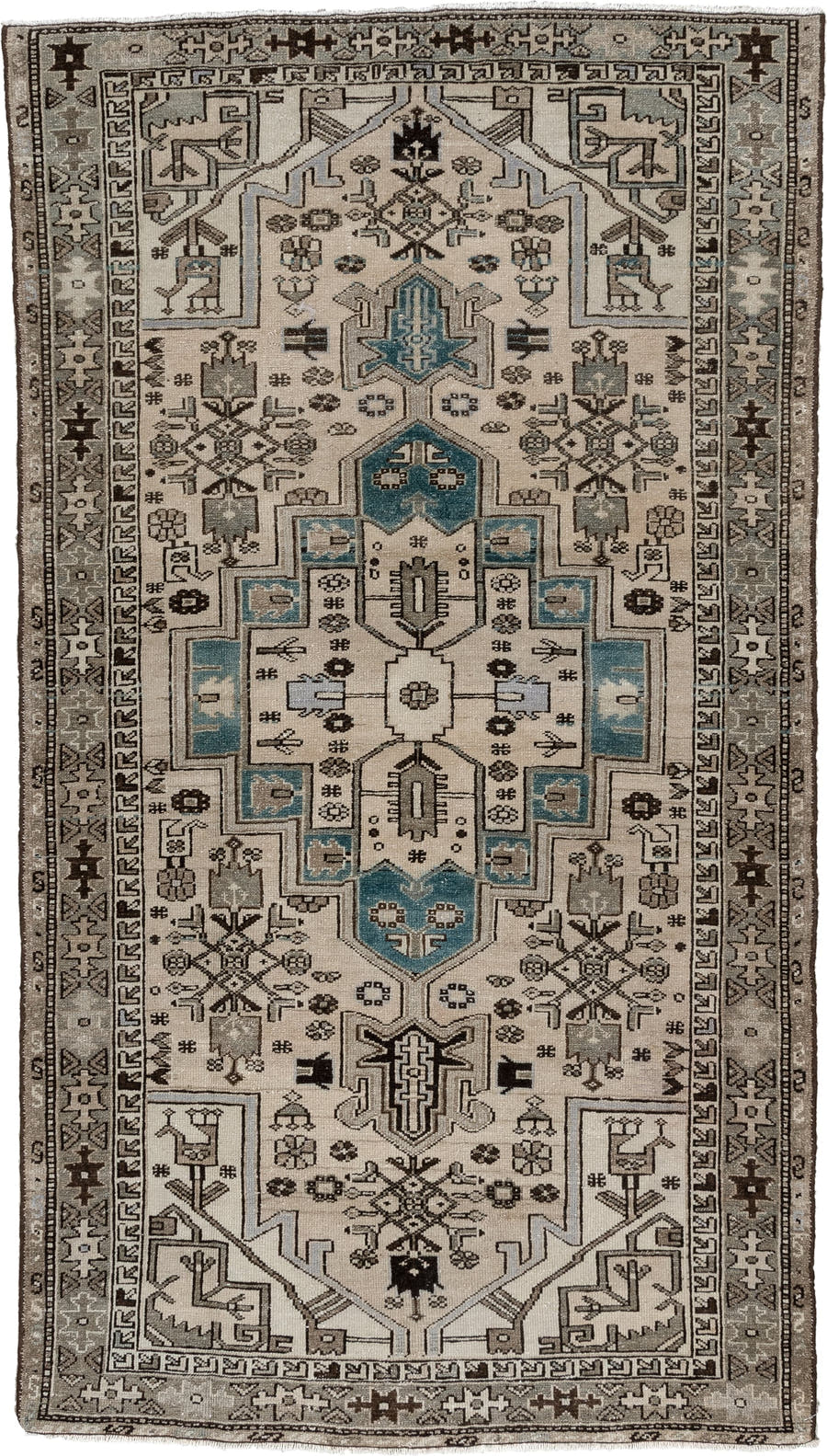 3' x 6' one-of-a-kind handmade antique Malayer small size rug. Color palette: ivory, taupe, charcoal, turquoise, blue gray