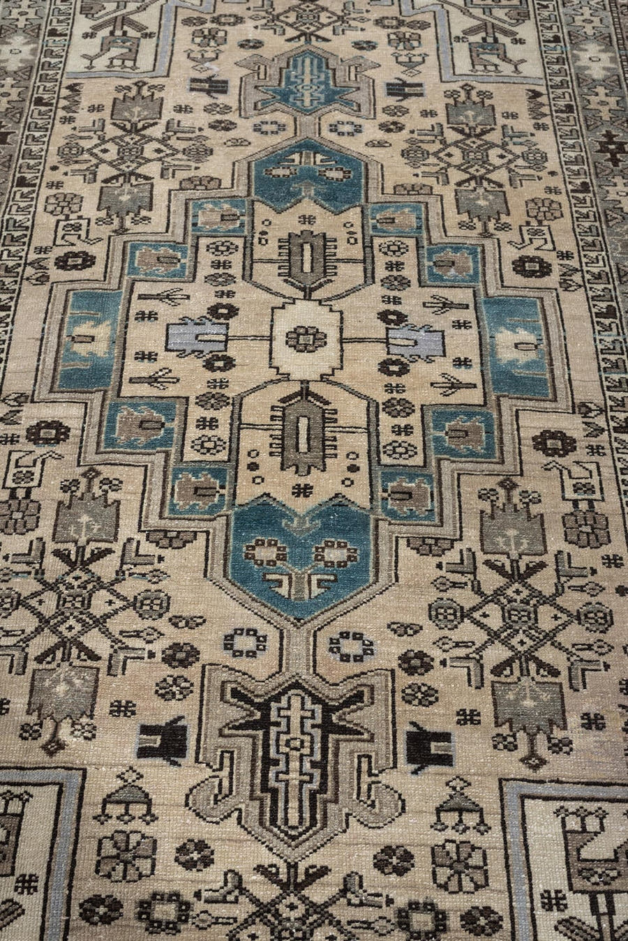 3' x 6' one-of-a-kind handmade antique Malayer small size rug. Color palette: ivory, taupe, charcoal, turquoise, blue gray