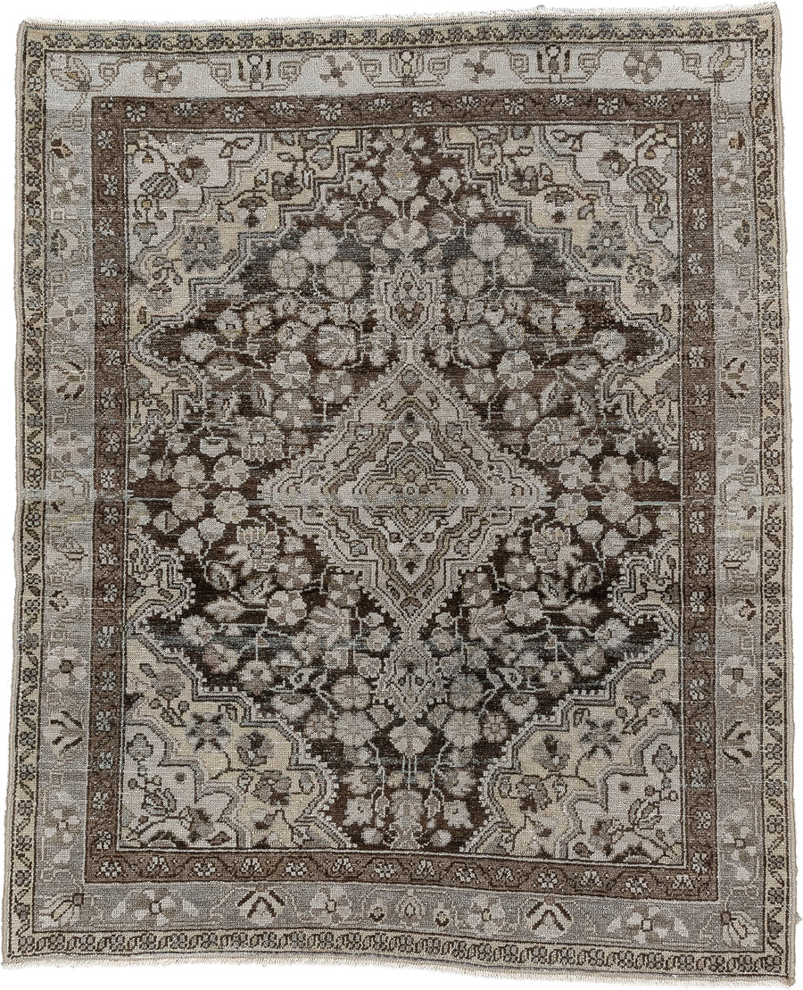 3' x 4' one-of-a-kind handmade antique Malayer small size rug. Color palette: brown, ivory, taupe, charcoal, camel, slate