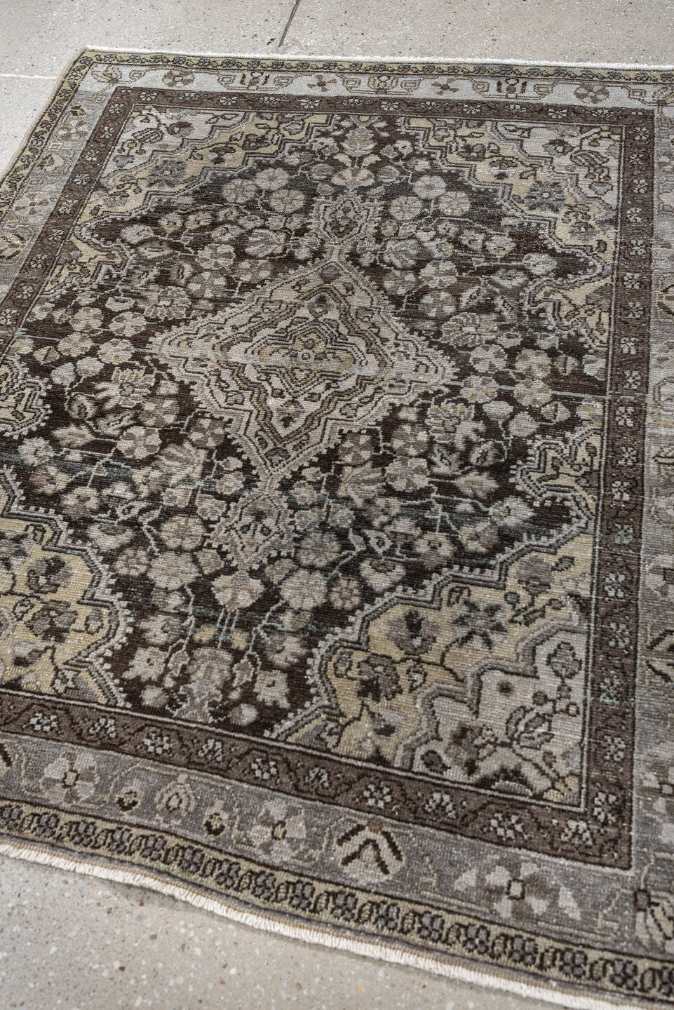 3' x 4' one-of-a-kind handmade antique Malayer small size rug. Color palette: brown, ivory, taupe, charcoal, camel, slate