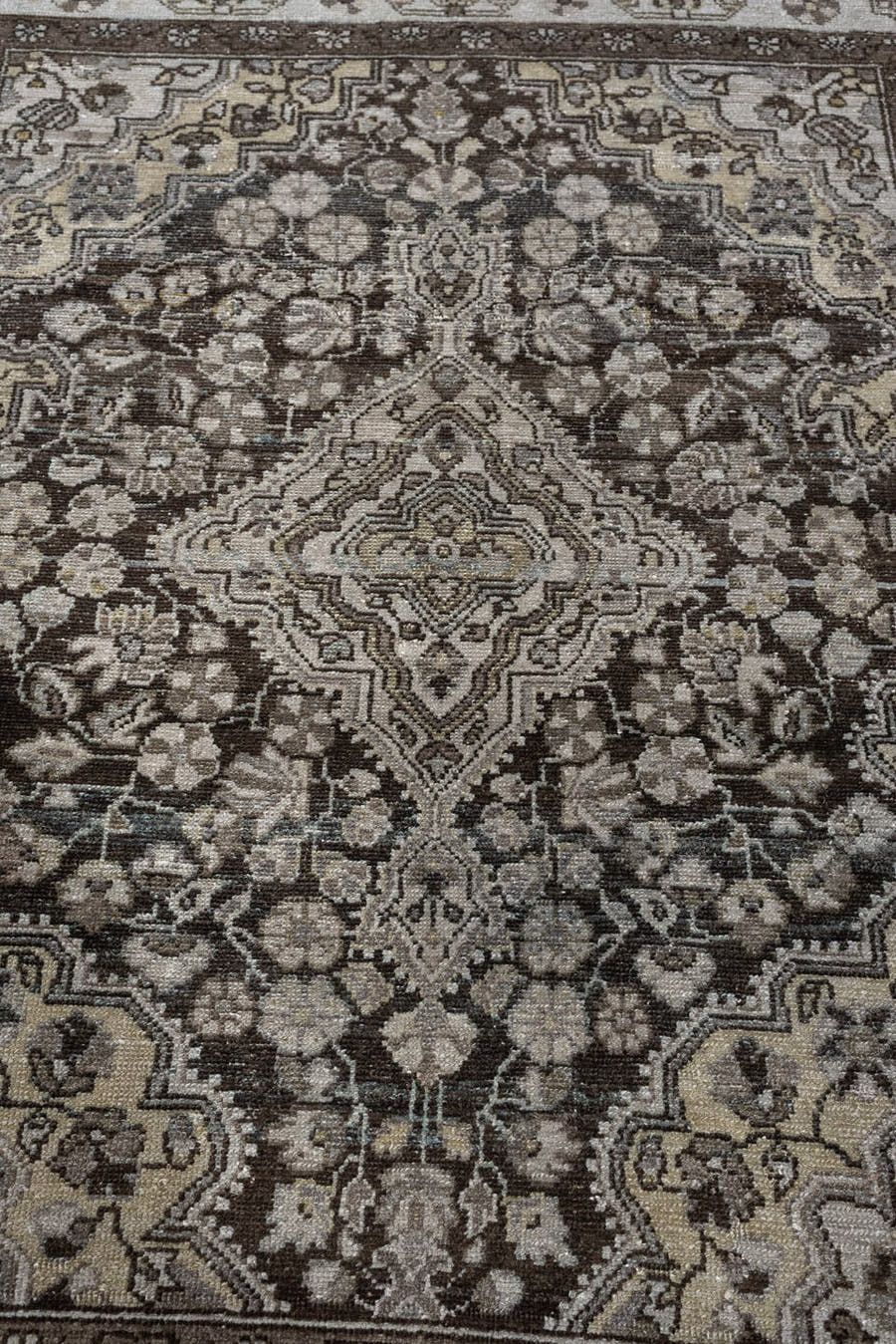 3' x 4' one-of-a-kind handmade antique Malayer small size rug. Color palette: brown, ivory, taupe, charcoal, camel, slate