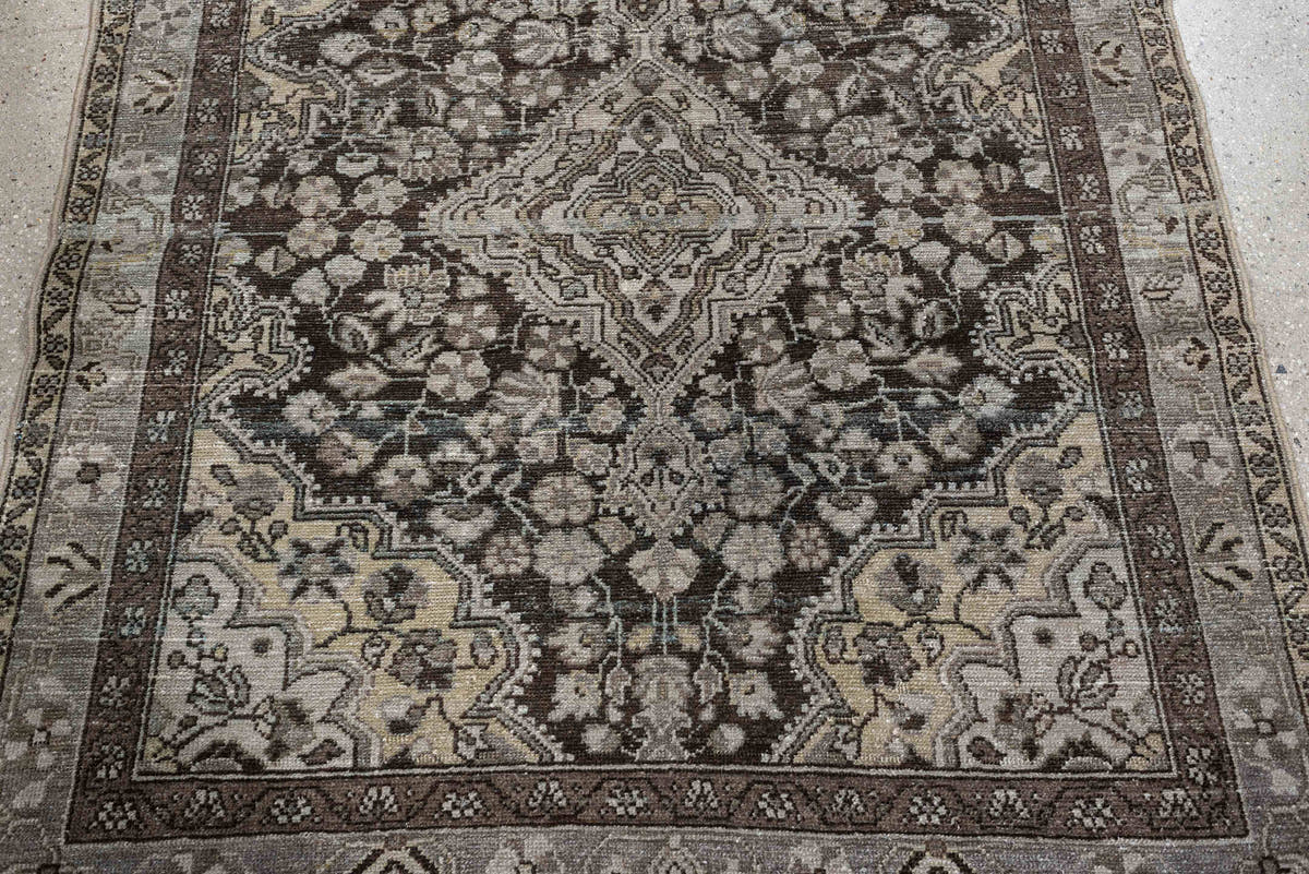 3' x 4' one-of-a-kind handmade antique Malayer small size rug. Color palette: brown, ivory, taupe, charcoal, camel, slate