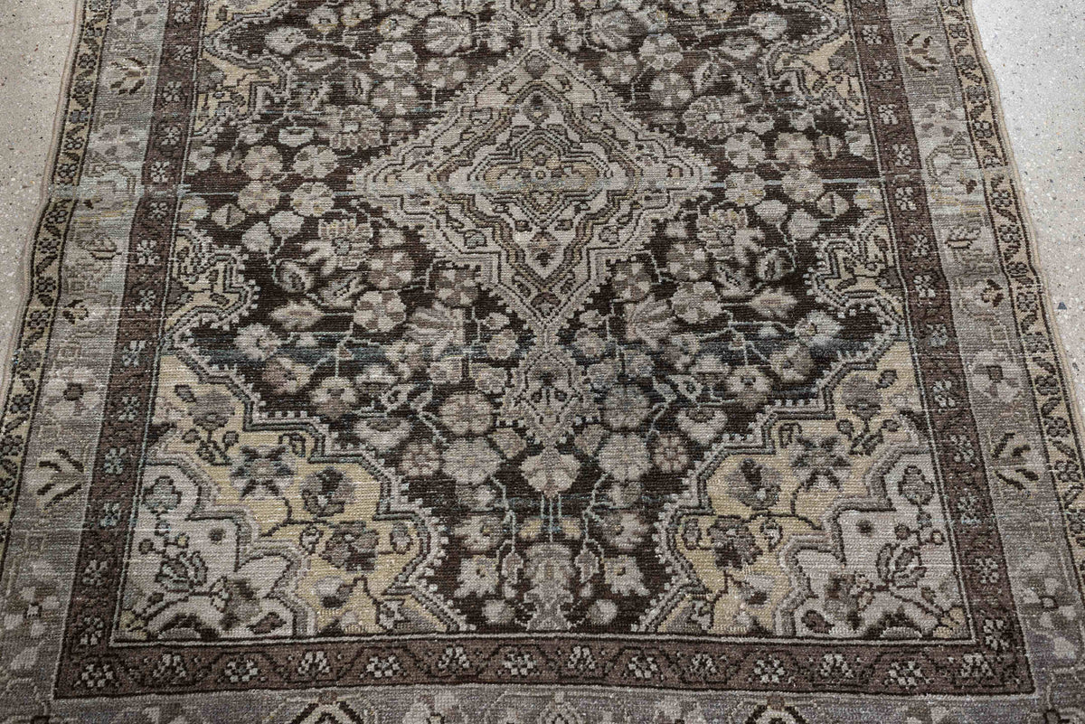 3' x 4' one-of-a-kind handmade antique Malayer small size rug. Color palette: brown, ivory, taupe, charcoal, camel, slate