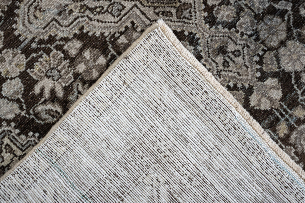 3' x 4' one-of-a-kind handmade antique Malayer small size rug. Color palette: brown, ivory, taupe, charcoal, camel, slate