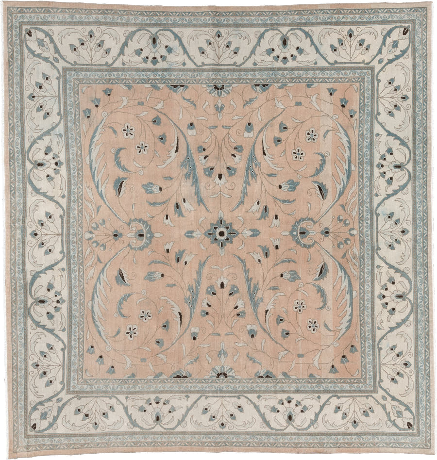 6' x 6' one-of-a-kind handmade antique Lillian rug. Color palette: peach, ivory, blue gray, charcoal, taupe, cream