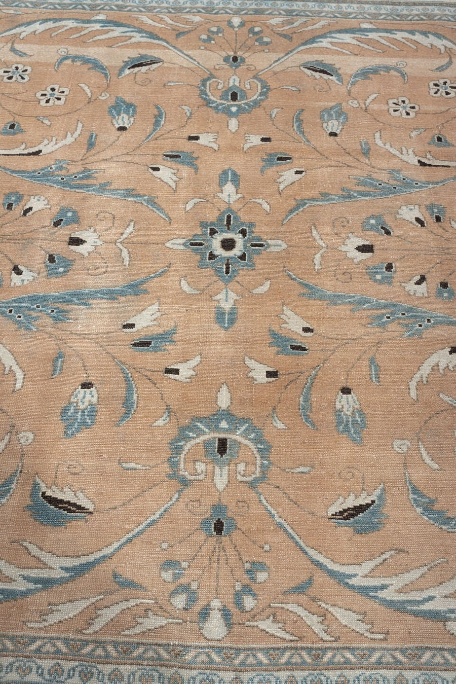 6' x 6' one-of-a-kind handmade antique Lillian rug. Color palette: peach, ivory, blue gray, charcoal, taupe, cream