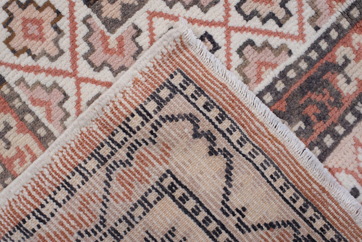 7' x 10' one-of-a-kind handmade antique Moroccan large size rug. Color palette: ivory, terracotta, charcoal, dark brown