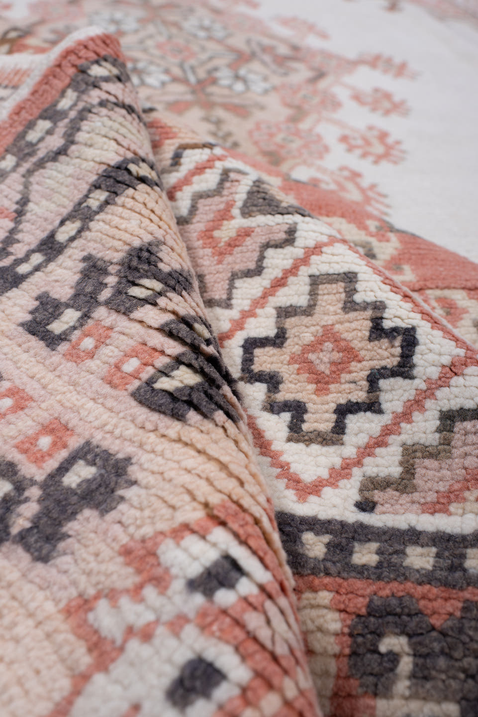 7' x 10' one-of-a-kind handmade antique Moroccan large size rug. Color palette: ivory, terracotta, charcoal, dark brown
