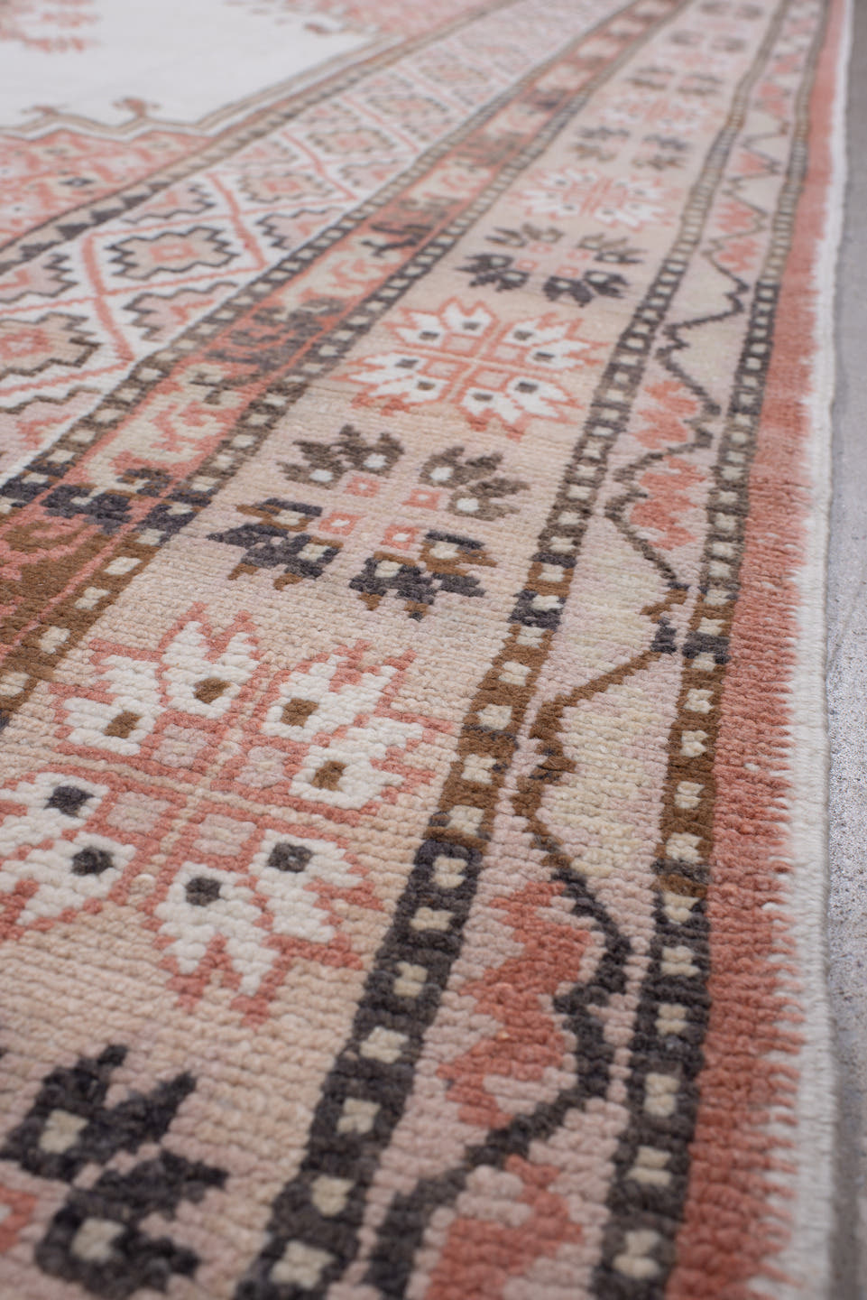 7' x 10' one-of-a-kind handmade antique Moroccan large size rug. Color palette: ivory, terracotta, charcoal, dark brown