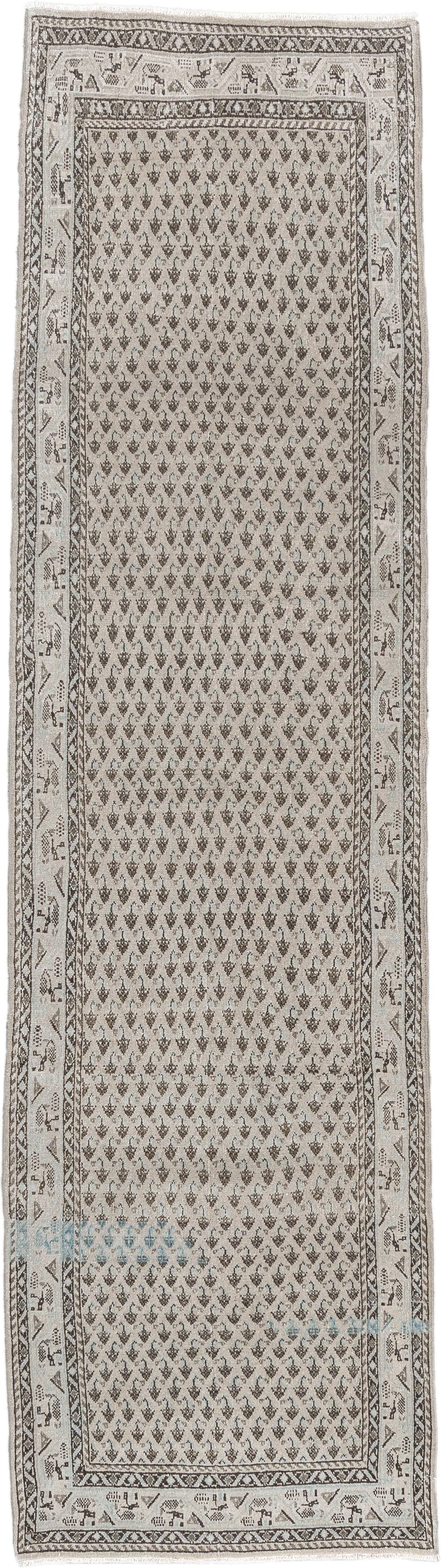 2' x 10' one-of-a-kind handmade antique Mir runner rug. Color palette: ivory, taupe, charcoal, brown, cream, slate, beige