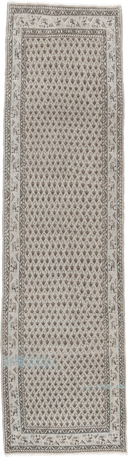 2' x 10' one-of-a-kind handmade antique Mir runner rug. Color palette: ivory, taupe, charcoal, brown, cream, slate, beige