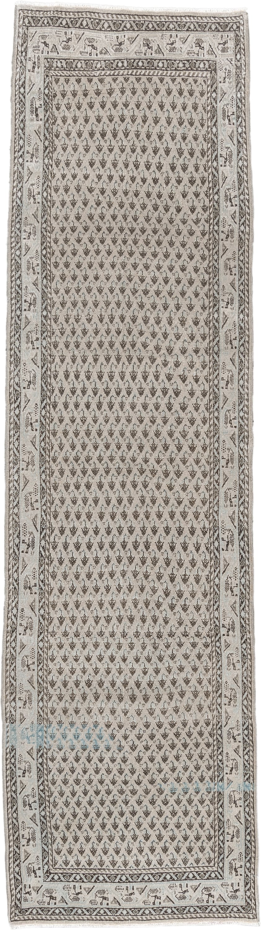 2' x 10' one-of-a-kind handmade antique Mir runner rug. Color palette: ivory, taupe, charcoal, brown, cream, slate, beige