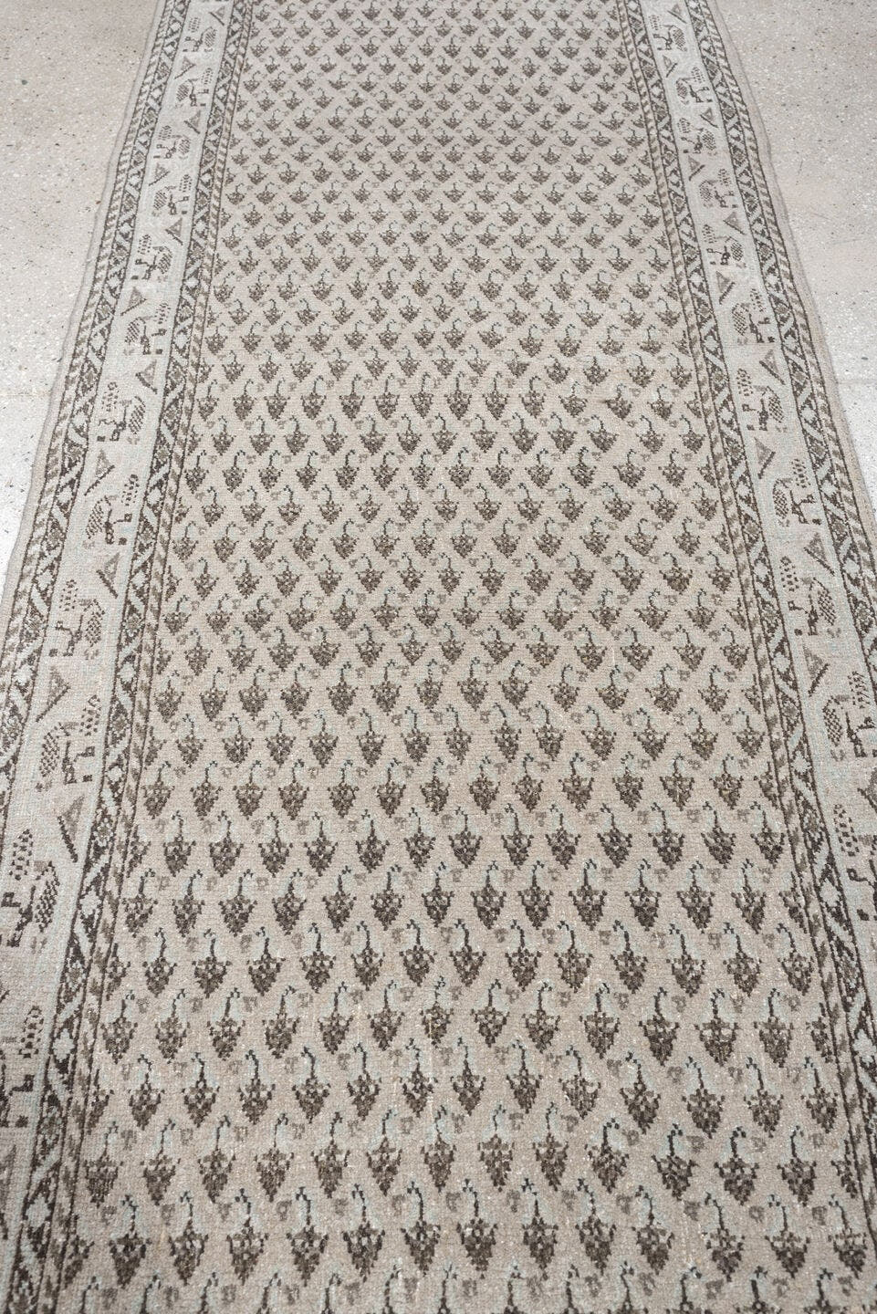 2' x 10' one-of-a-kind handmade antique Mir runner rug. Color palette: ivory, taupe, charcoal, brown, cream, slate, beige