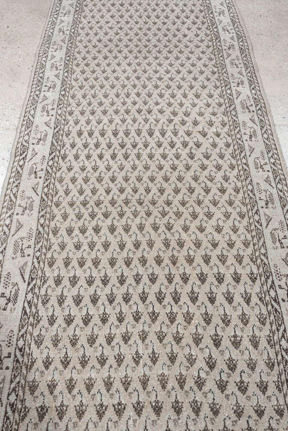 2' x 10' one-of-a-kind handmade antique Mir runner rug. Color palette: ivory, taupe, charcoal, brown, cream, slate, beige