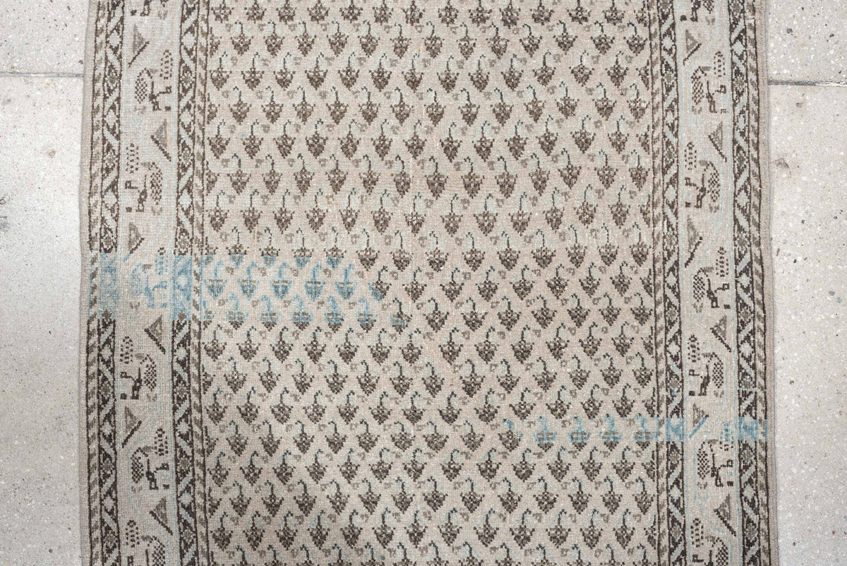 2' x 10' one-of-a-kind handmade antique Mir runner rug. Color palette: ivory, taupe, charcoal, brown, cream, slate, beige