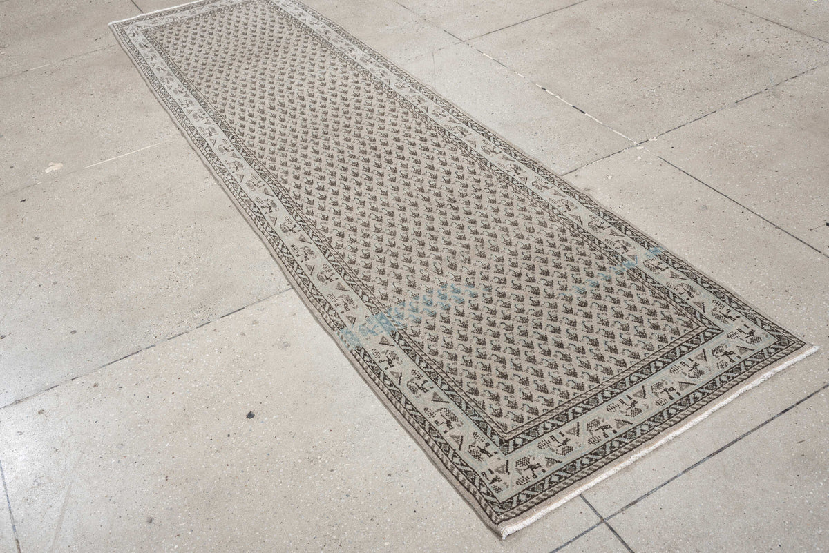 2' x 10' one-of-a-kind handmade antique Mir runner rug. Color palette: ivory, taupe, charcoal, brown, cream, slate, beige