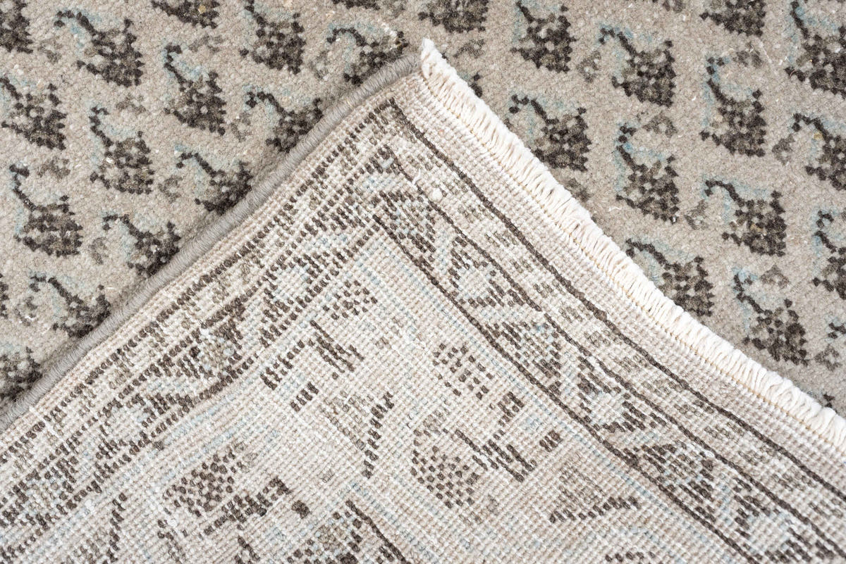 2' x 10' one-of-a-kind handmade antique Mir runner rug. Color palette: ivory, taupe, charcoal, brown, cream, slate, beige