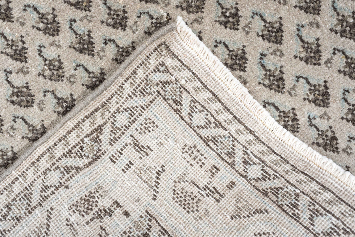 2' x 10' one-of-a-kind handmade antique Mir runner rug. Color palette: ivory, taupe, charcoal, brown, cream, slate, beige