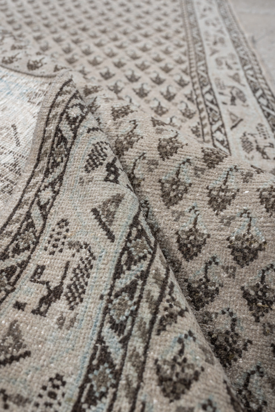 2' x 10' one-of-a-kind handmade antique Mir runner rug. Color palette: ivory, taupe, charcoal, brown, cream, slate, beige