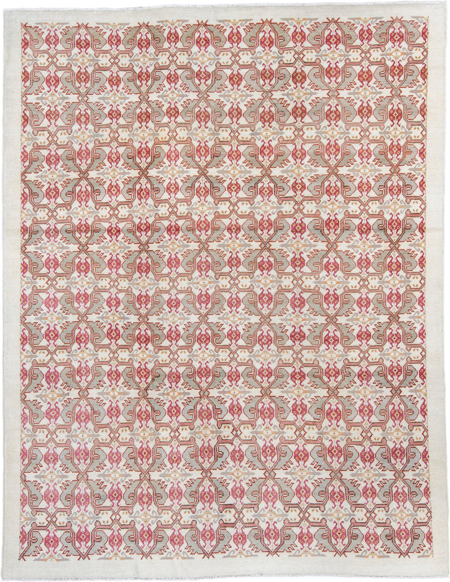 8' x 10' one-of-a-kind handmade antique Moroccan large size rug. Color palette: ivory, rose, taupe, terracotta, soft gray