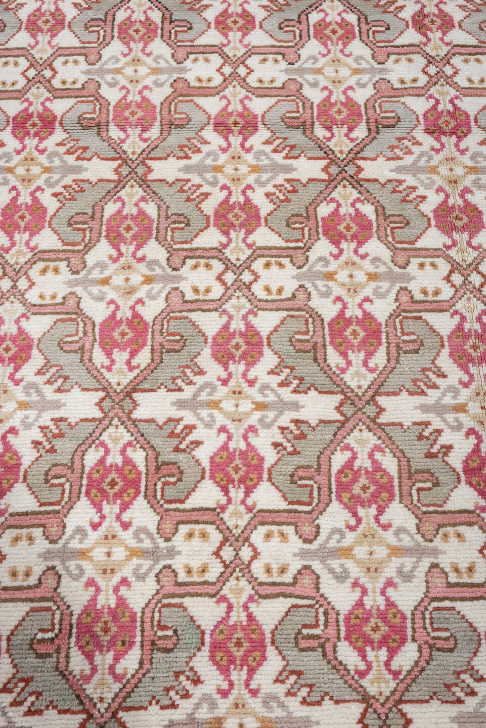 8' x 10' one-of-a-kind handmade antique Moroccan large size rug. Color palette: ivory, rose, taupe, terracotta, soft gray