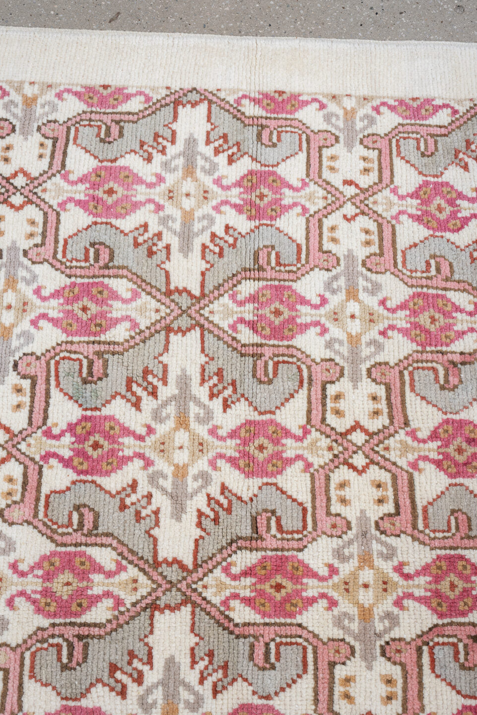 8' x 10' one-of-a-kind handmade antique Moroccan large size rug. Color palette: ivory, rose, taupe, terracotta, soft gray