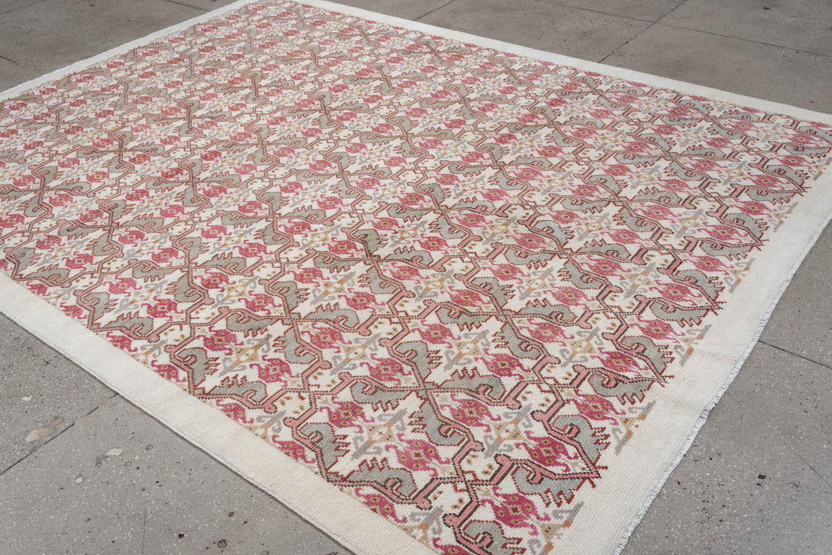8' x 10' one-of-a-kind handmade antique Moroccan large size rug. Color palette: ivory, rose, taupe, terracotta, soft gray