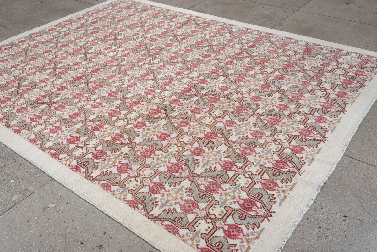 8' x 10' one-of-a-kind handmade antique Moroccan large size rug. Color palette: ivory, rose, taupe, terracotta, soft gray