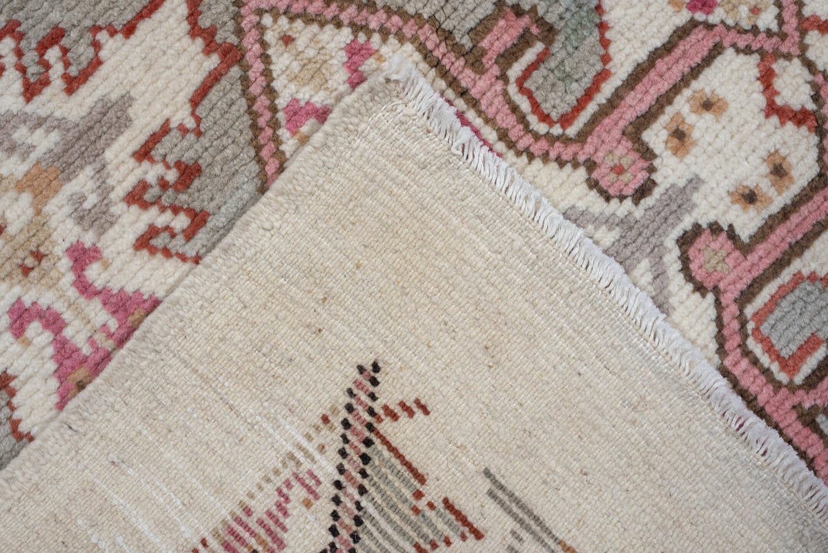 8' x 10' one-of-a-kind handmade antique Moroccan large size rug. Color palette: ivory, rose, taupe, terracotta, soft gray